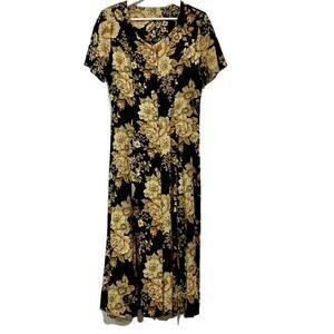Vintage Women’s Short Sleeve Buttoned Maxi Dress Black Gold Floral Size NA EUC